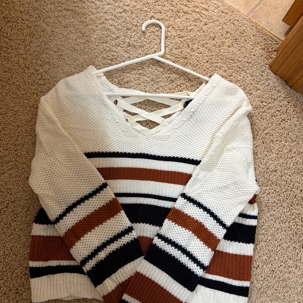 Windsor Cream and Brown Striped V-Neck Sweater